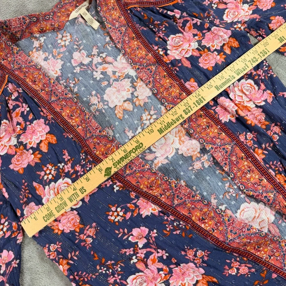 Matilda Jane Kimono Women XS/S Blue Floral Metallic Bell Sleeve Cardigan Wrap